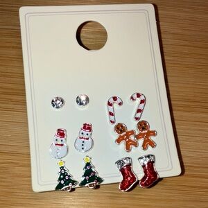 Holiday Charm Earring Set 6 Pairs Snowmen, Trees, Stockings, Candy Canes ETC